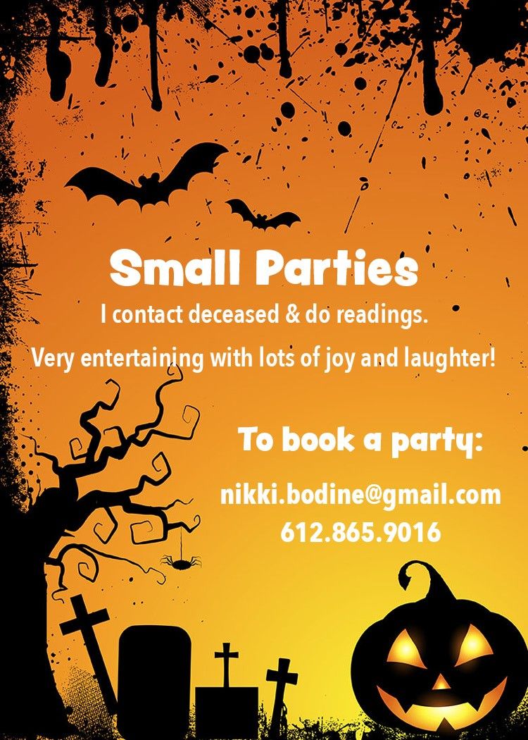 A flyer for small parties with bats, pumpkins and a bat.